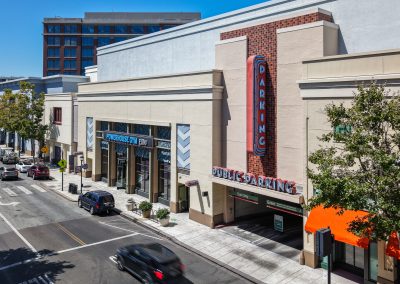 aerial view of downtown Redwood City theater and shopping area