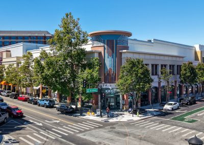 aerial view of downtown Redwood City theater and shopping area