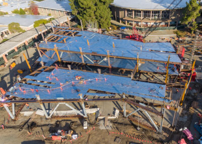 construction jobsite photo, progress of steel erection at Northern California college campus